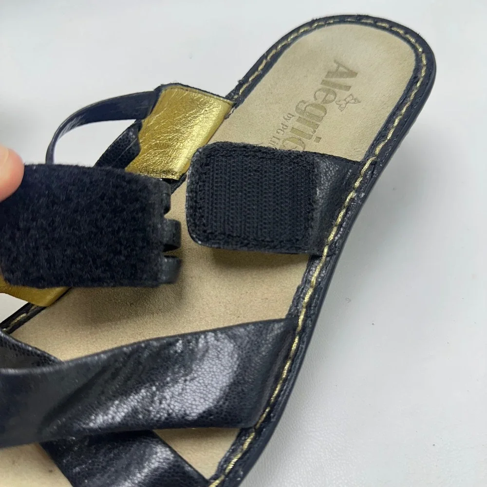 Alegria LEI-661 Black Leather Wedge Sandals Gold Lining Womens 39 US 9-9.5